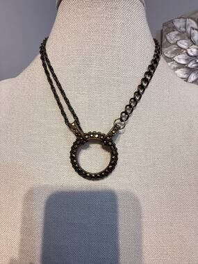 Vintage Bronze Rhinestone Circle Pendant Necklace 16”